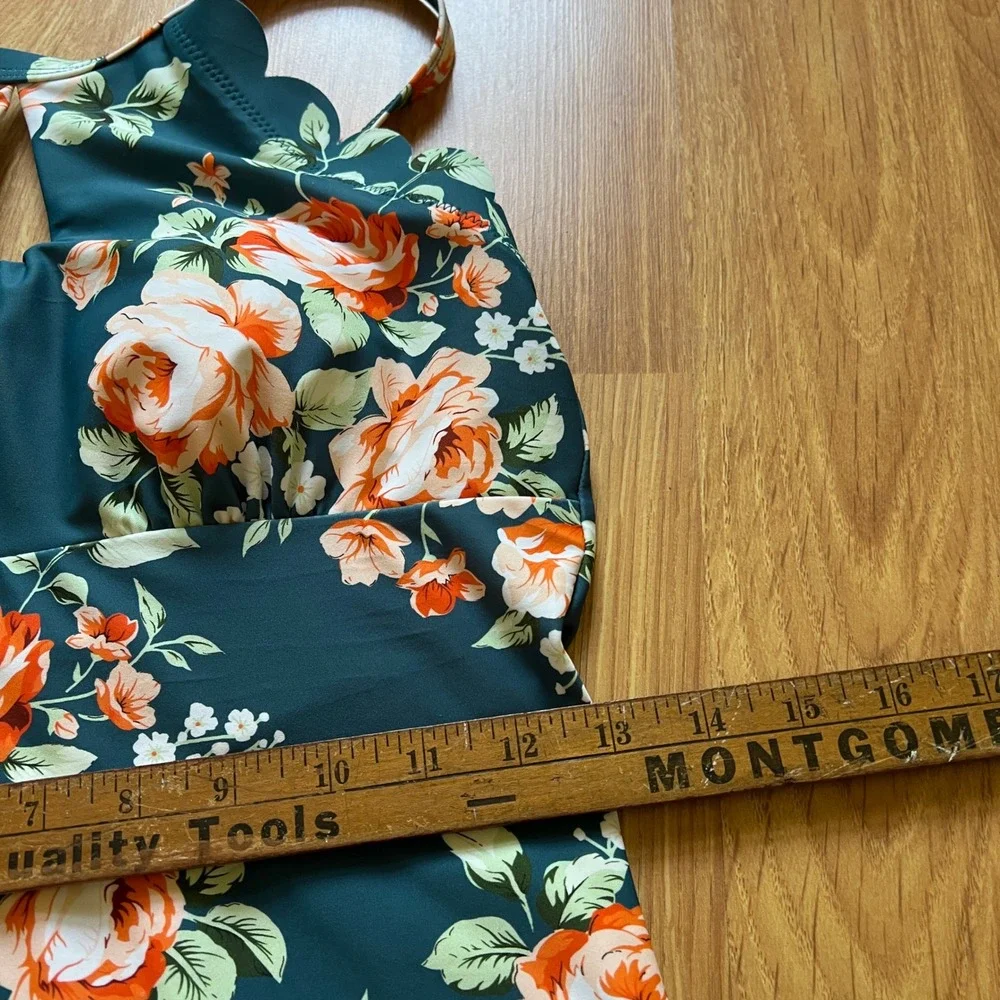Teal Floral Scalloped High Neck One Piece Swimsuit with Keyhole Cutout Boho